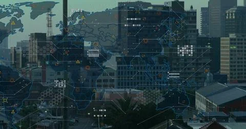 Displaying world map overlay above downtown skyline with circuit lines, data Stock Photos