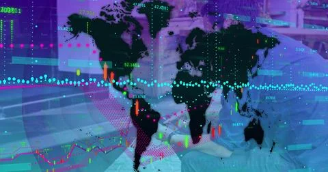 Displaying world map overlay with candlestick and trend data points in office Stockfoto's