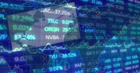 Displaying world map overlay floating over trading screen, with scrolling Stock Photos