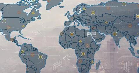 Displaying world map overlay floating over urban skyline, with data nodes and 스톡 사진