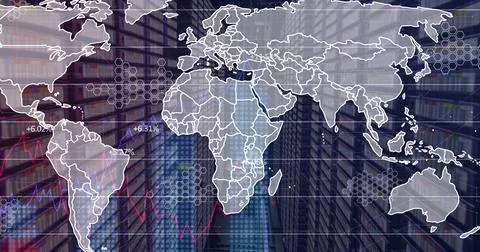 Displaying world map overlay linking regions to server racks in data center, Stock Photos