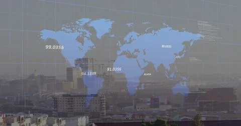 Displaying world map overlay spanning city skyline with grid lines, numeric Foto stock
