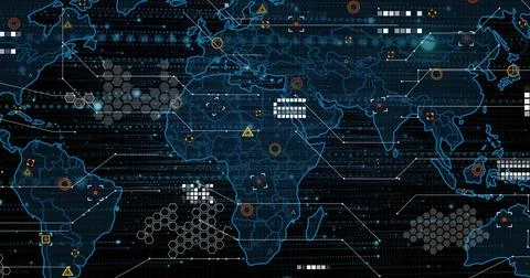 Displaying world map overlay in UI, featuring hex clusters, connector lines and Illustrazione stock