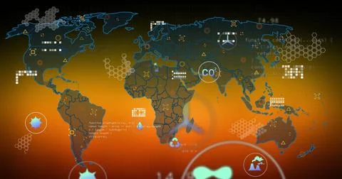 Displaying world map overlaying environmental metrics on digital dashboard 스톡 사진