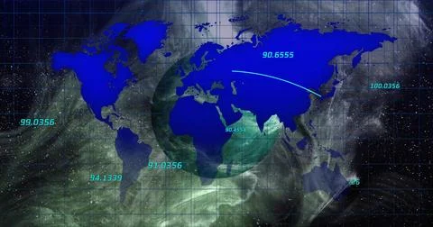 Displaying world map overlaying globe in digital visualization, with numeric Stock Illustration