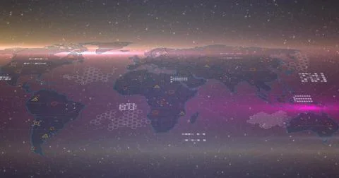 Displaying world map overlaying glowing hex grid in starfield, with data Stock Photos