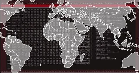 Displaying world map overlaying hex dump and network interface on terminal, with Fotos Stock