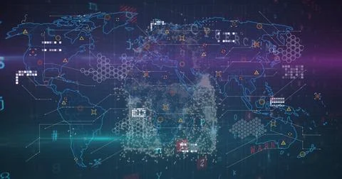 Displaying world map overlaying virtual grid with glowing nodes, circuit lines Foto stock