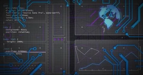 Displaying world map panel glowing with neon data lines on grid background, with Stock Photos