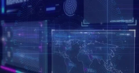 Displaying world map panel at network operations interface, with gridlines and Foto stock