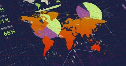 Displaying world map with pie charts and dashboard metrics on grid, showing 스톡 일러스트