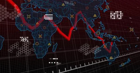 Displaying world map with red downward trend graph onscreen, hexagonal clusters Stock Illustration