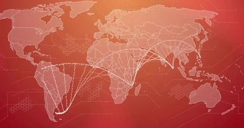 Displaying world map routing via white dotted lines on digital canvas, with Stock Illustration
