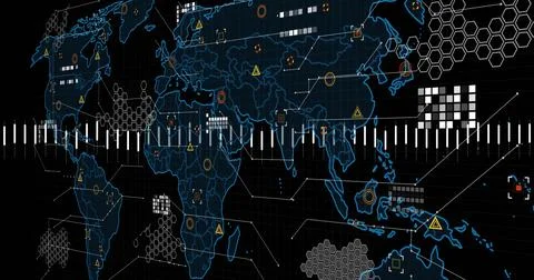 Displaying world map schematic on command interface, with hex overlays, grid, Stockfoto's