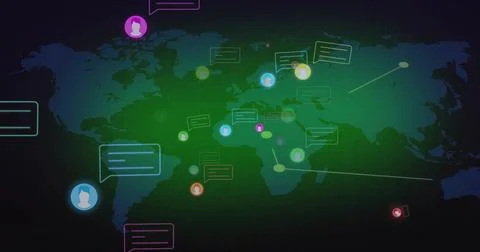 Displaying world map on screen, featuring speech bubbles, avatar icons, glowing Illustrazione stock