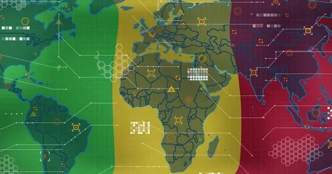 Displaying world map segmented into tricolor bands on console, with hex grid, Foto stock