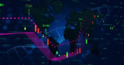 Displaying world map showing candlestick bars, magenta trend lines, numeric Stock Photos