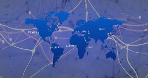 Displaying world map showing colored network lines and glowing nodes on Stock Photos