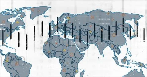 Displaying world map showing data on interface, bar charts, boundaries, Illustrazione stock