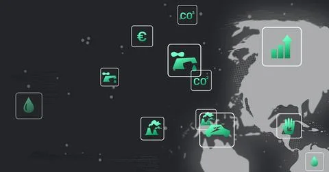 Displaying world map showing eco economy data on dark interface, with metric 스톡 일러스트