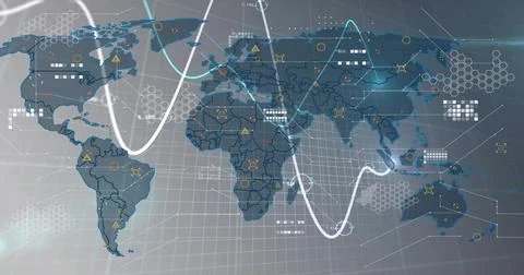 Displaying world map showing global analytics on virtual dashboard, with trend Stock Illustration