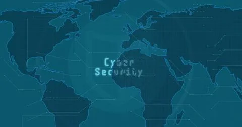 Displaying world map showing glowing Cyber Security on blue network screen, with Illustrazione stock