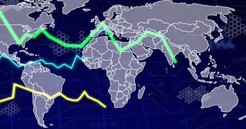 Displaying world map showing neon green, cyan and yellow trend lines over dark Ilustração Stock