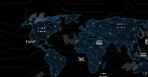 Displaying world map showing neon-blue grid on dashboard, with warning triang Stock Photos