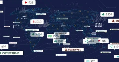 Displaying world map showing network data on navy dashboard, with floating data Stock Illustration