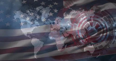 Displaying world map silhouette in digital graphic composition, with American Illustrazione stock