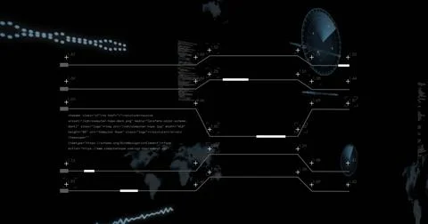 Displaying world map silhouette floating in dark interface, with circular rad Stock Illustration