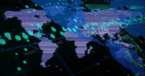 Displaying world map silhouette glowing on dark dashboard, with grid, teal dots, Stock Illustration