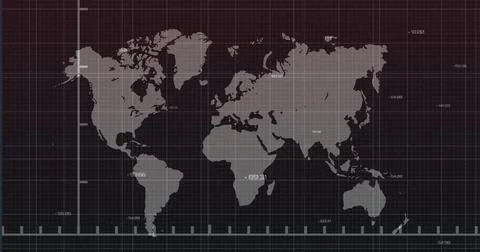 Displaying world map silhouette over grid screen, with axis lines, tick marks イラスト素材