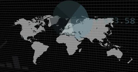 Displaying world map silhouette over dark grid on analytics dashboard, with pie Foto stock