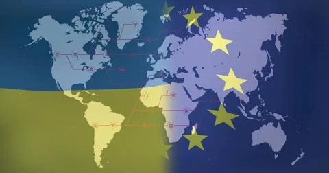 Displaying world map splitting yellow-blue on infographic, with yellow stars, Stock Illustration