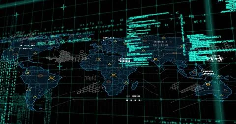 Displaying world map streaming code, connections on grid display, with hex 写真素材