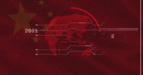 Displaying world map streaming data lines in digital graphic, with nodes, Stock Photos