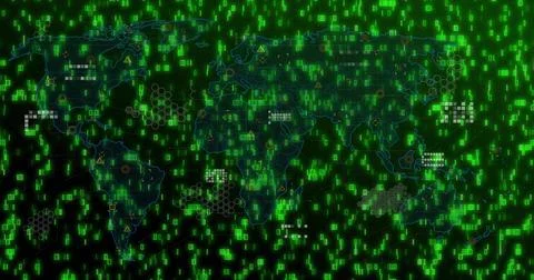 Displaying world map streaming neon green code on screen, with hex grids warning Stock Illustration