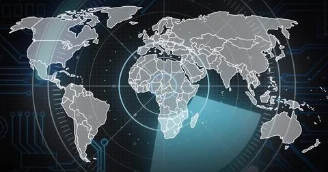 Displaying world map sweeping under scanning beam in console, with radar rings, Stockillustratie