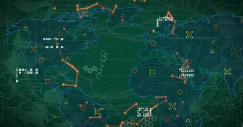 Displaying world map tracking orange path nodes on HUD with pixels, targets, hex Stock Illustration