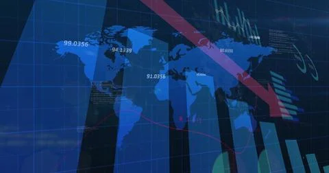 Displaying world map trending down on data analytics dashboard with vertical bar Foto stock