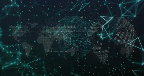 Displaying world map using glowing teal dots and lines with polygonal nodes, Illustrazione stock