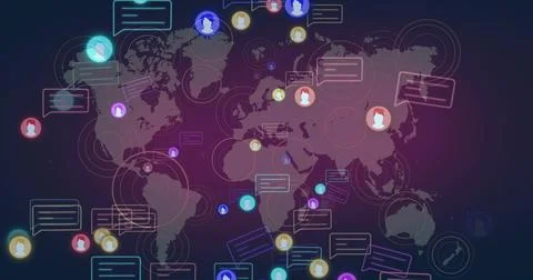 Displaying world map in virtual interface, with user icons rectangular chat Stock Illustration