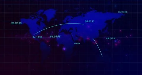 Displaying world map visualization on display with glowing data nodes and curved Stock Photos