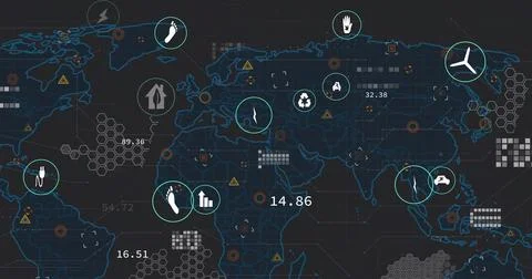 Displaying world map visualization overlaying global data on dark grid with c 스톡 일러스트