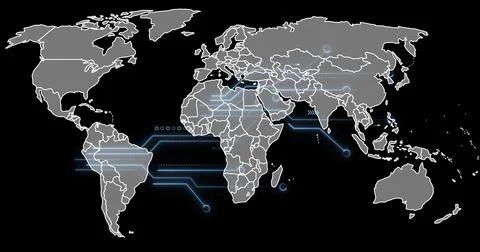Displaying world map with white borders and glowing blue network lines over Stock Photos