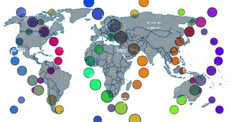 Displaying world map on white canvas, with colored circles showing geometric Stock Photos
