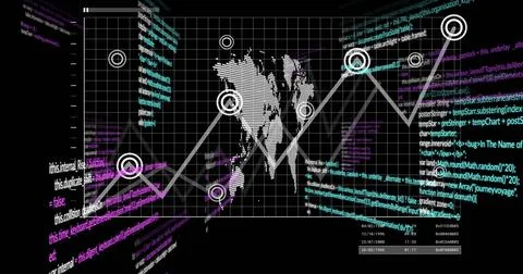 Displaying world map with zigzag graph on grid dashboard, with purple turquoise Illustrazione stock