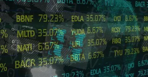 Displaying yellow and teal tickers and percentage values streaming over dotted Stock Illustration