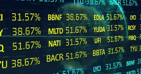Displaying yellow code rows and percentages over grid lines on data dashboard, Foto stock